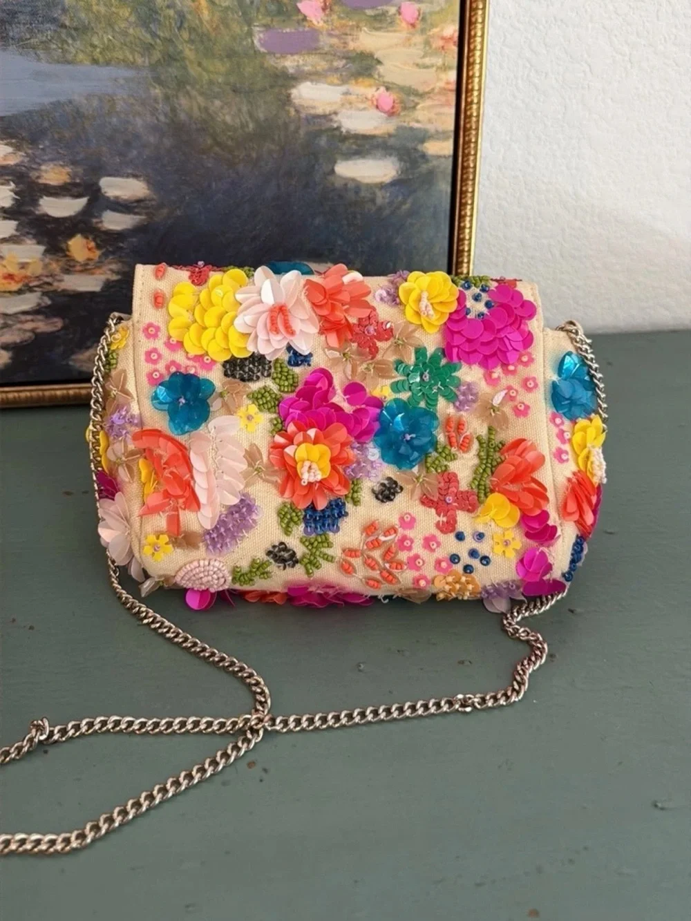 Embellished Floral Sequin Crossbody Bag - Multicolor